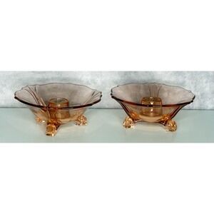 Liberty Works Depression Glass Pink Candlestick Holder 3 Footed Set Of 2 1930's